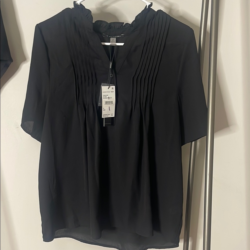 T Tahari Black Pleated Ruffled Blouse